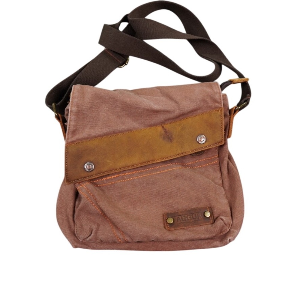 Augur Messenger Bag Women Brown Canvas Leather Crossbody Satchel Logo